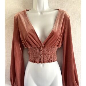 Boho-Chic Cropped Velvet Blouse M Lantern Sleeves Ruffle Hem Festival Peasant